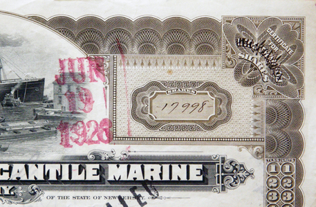 «International Mercantile Marine Co., common stock, straw man bigfat certificate, 1920s»